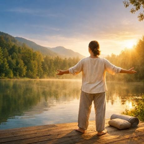 Qigong am See bei Sonnenaufgang
